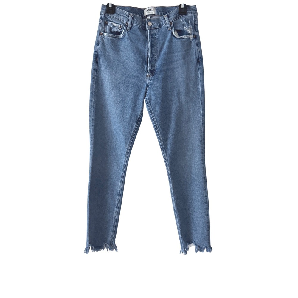 AGOLDE Women 29 Jeans Jamie High Rise Skinny Blue Distressed Raw Hem